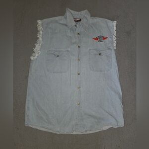 VTG  Biker Design 2001 Bike Week Panama City Denim Cutoff Sleeve Button Up XL